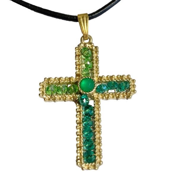 Vintage Gold Bead Cross Pendant Necklace Green Hand Beaded Plated 24" Christian - Picture 1 of 8